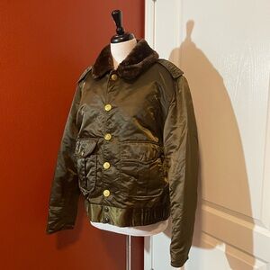 Horace Tuffy Jac Men’s Trooper Vintage Bomber Green Satin Faux Fur Collar Jacket